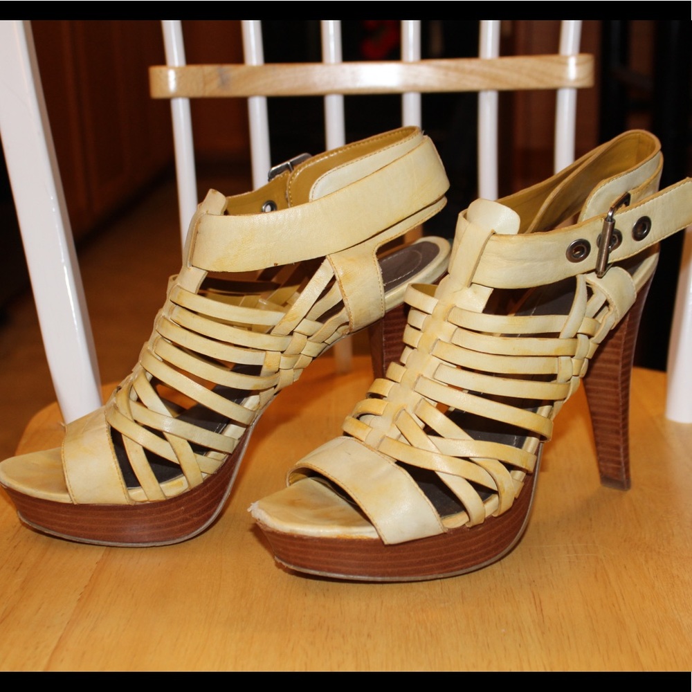 Tan and brown strappy heels